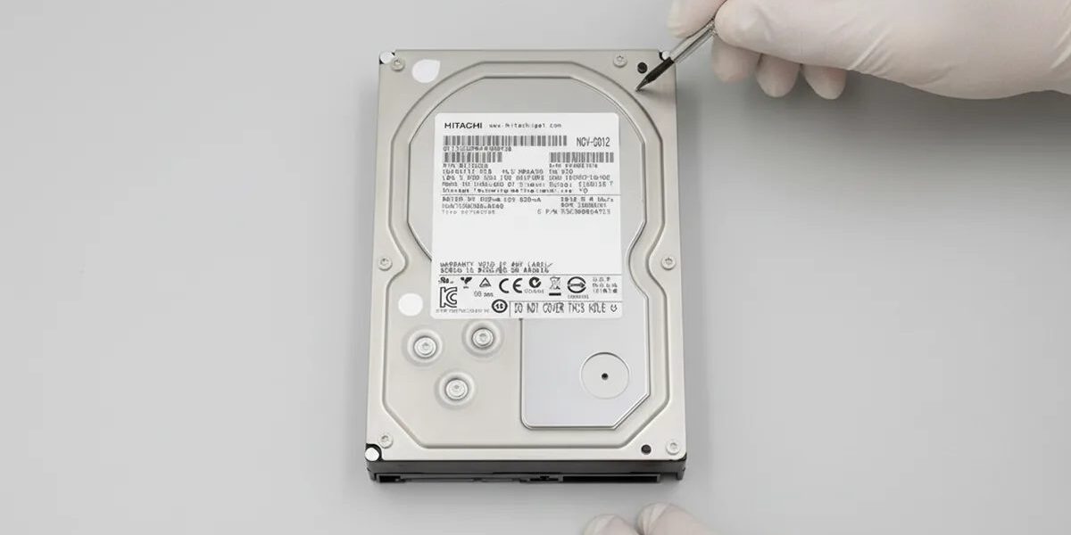 Laboratuvarda eldivenli teknisyen tarafından incelenen 3.5 inç Hitachi sabit disk