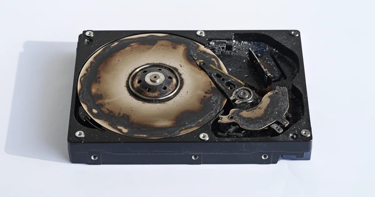 Yangında yanmış, plakaları ve kafa grubu kararmış açık bir 3.5 inç hard disk