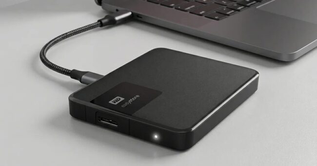 Dizüstü bilgisayara USB kablosuyla bağlı, Windows'ta görünmeyen WD harici disk
