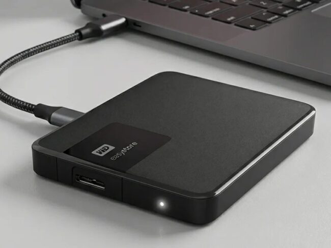 Dizüstü bilgisayara USB kablosuyla bağlı, Windows'ta görünmeyen WD harici disk