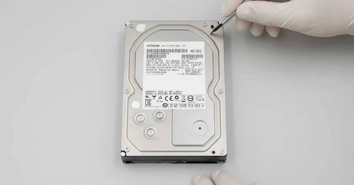 Laboratuvarda eldivenli teknisyen tarafından incelenen 3.5 inç Hitachi sabit disk