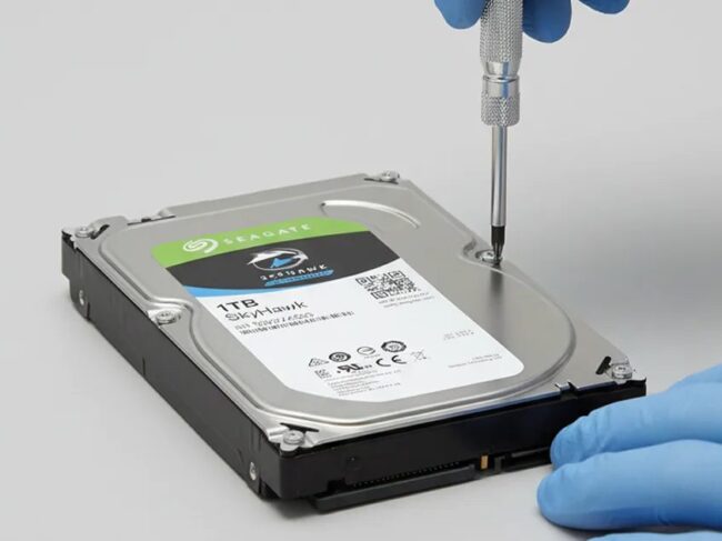 Teknisyenin tornavidayla Seagate SkyHawk 1TB hard diski açmaya hazırlanması