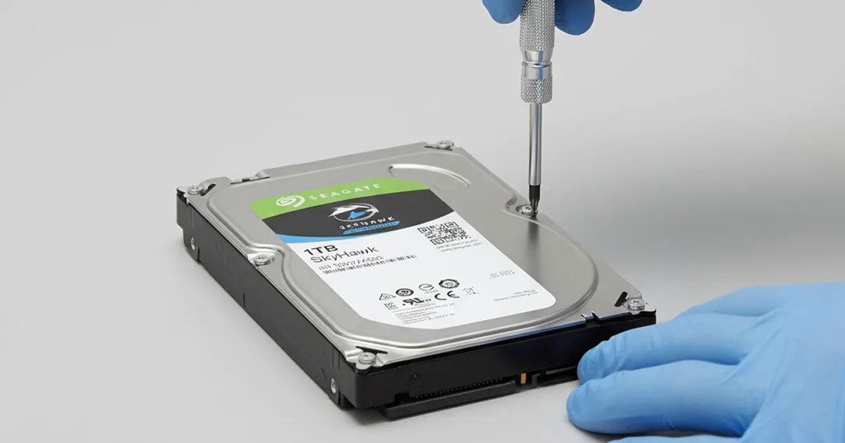 Teknisyenin tornavidayla Seagate SkyHawk 1TB hard diski açmaya hazırlanması